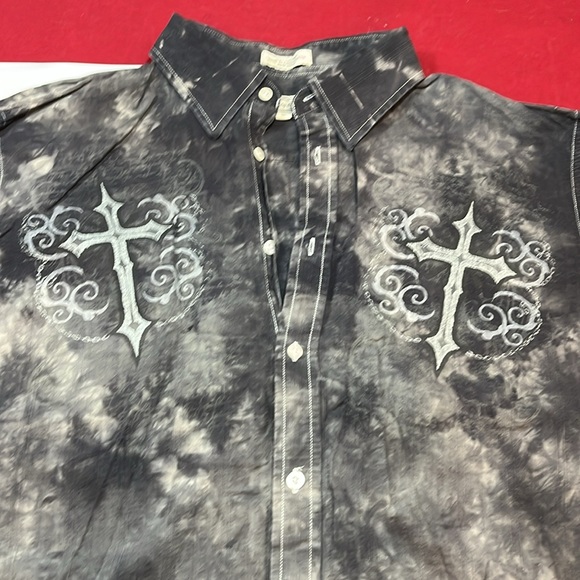 Eighty Eight Apparel black gray CROSS GOTH button up Shirt Men Bleach Dye Y2k XL - Picture 2 of 13